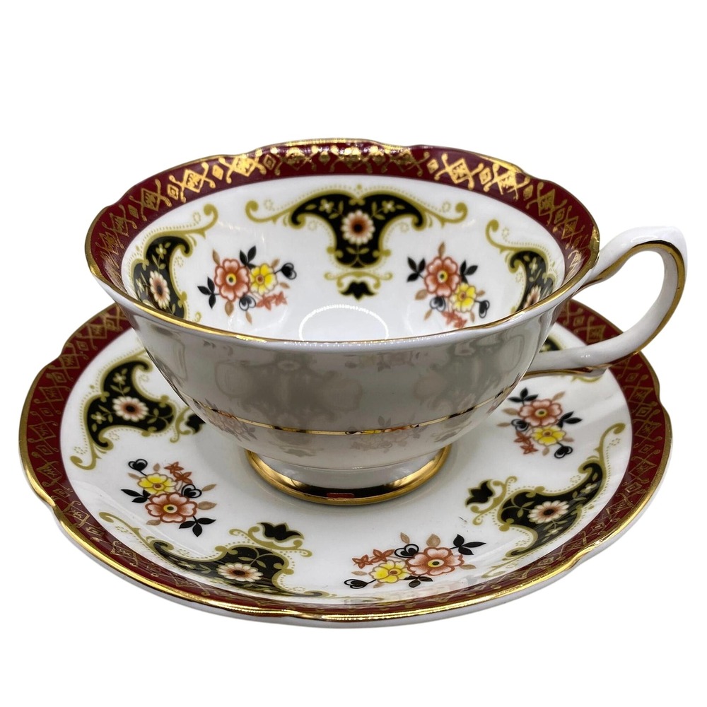 VTG Royal Grafton Fine Bone China Teacup Saucer Set Burgundy Gold Floral England